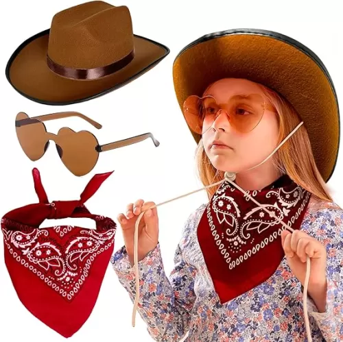 JeVenis Brown Cowgirl Hat Girls Cowboy Hat Kids Western Cowgirl Hat Bandana heart shape Sunglasses for Birthday Party