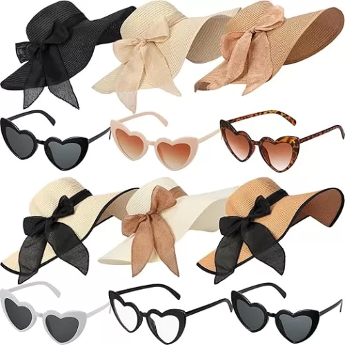 Jeyiour 12 Pcs Women Floppy Summer Hat Wide Brim with Heart Shape Glasses Big Bowknot Straw Hat Sun Hats Heart Sunglasses