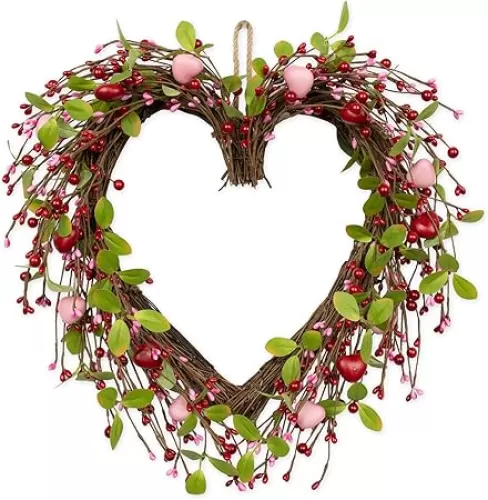 JINGHONG Valentine's Day Gifts 20 Inch Valentine's Day Wreath Heart Shaped Wreaths for Front Door with Red Pink Hearts for Anniversary Wedding Candle Dinner Decorations