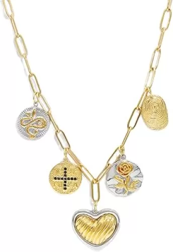 JNF Chunky Layer Heart Charm Necklace for Women Boho Heart Sun Flower Key Coins Charms Necklaces Paperclip Link Chain Necklace Y2K Statement Jewelry