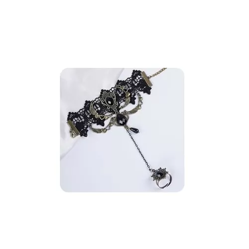 Kercisbeauty Retro Gold Heart with Wings Gemstones Pendant Black Lace Hand Chain with Finger Ring Tassel Dangle Bracelet Women Punk Costume Party (Style 7)