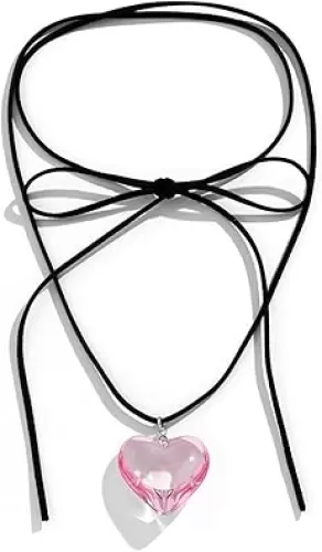 KIFEDSLJ Chunky Puffy Heart Choker Necklace Big Glass Heart Pendant Necklace Adjustable Gothic Braided Black Velvet Chain for Women Y2K Jewelry