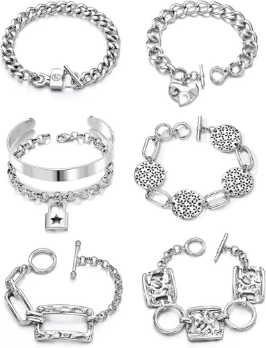 KISS WIFE Vintage Silver Bracelets Set for Women Men, OT Toggle Clasps Bracelet, Heart Lock Hollowed Prints Bangles Chunky Cuban Link Chain Charm Bracelet Pack Punk women's Jewelry