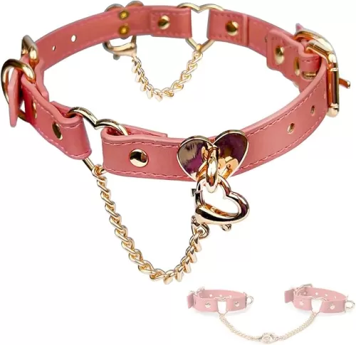 KORURACLUB Double Heart Lock Collar Punk Handmade PU Leather Leash Collar Adjustable Gothic Jewerly（Collar and bracelet dual purpose）