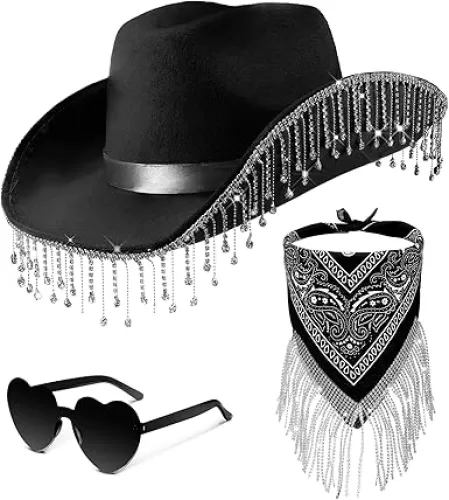 Leumoi 3 Pcs Rhinestone Cowgirl Hat with Fringe Rhinestone Bandana and Heart Sunglasses Bling Diamond Fringe Cowboy Hat