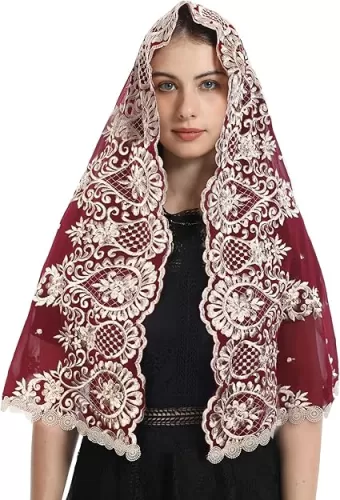 Mantveil Catholic Chapel Veil for Women: Traditional Floral Embroidered Lace Mantilla Church Veils Latin Mass Head Covering