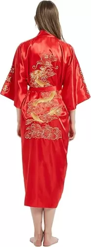 Mens Robe Chinese Silk Embroidered Dragon Pattern Kimono Bathrobe Yukata Pajamas with Waistband and Pockets