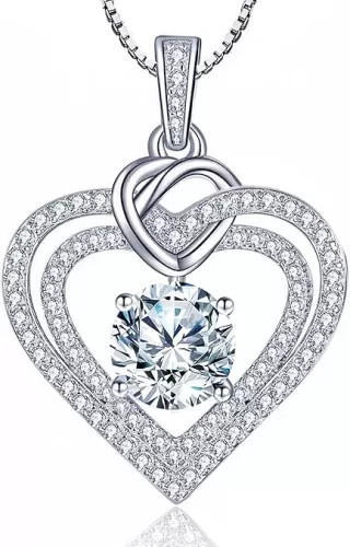 Moissanite Heart Pendant Necklaces for Women, 1-3 Carats Moissanite Sterling Silver Gold Plating Necklace Engraved with 'I LOVE YOU', Ideal Anniversary Present or Birthday Christmas Valentine Engagements Mothers Day Jewelry Gifts for Mom Wife Her Gir