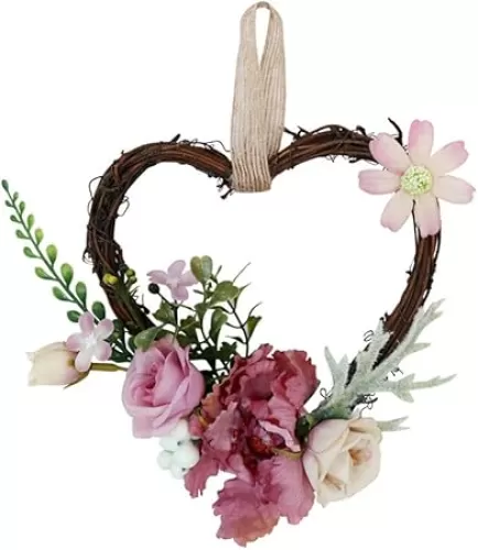 MOOBOM Wicker Heart Wreath, Artificial Floral Wreath Heart-Shaped Rattan Rose Garland Spring Wreath for Wedding Birthday Party Wall Hanging Home Decor (15cm, Pink)