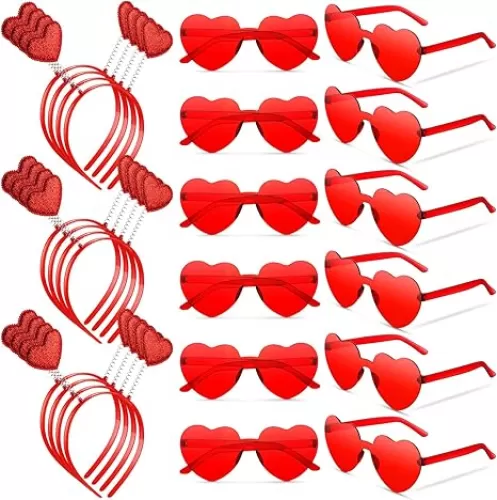 MTLEE 24 Pcs Valentines Heart Head Boppers Headbands and Heart Shape Sunglasses Valentines Party Supplies Wedding Photo Prop