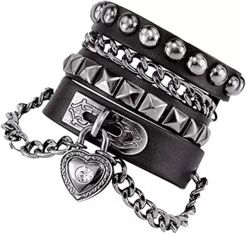 NIGHTCRUZ Punk Leather Chain Bracelet, Goth Leather Wristband with Heart, Rock and Roll Bracelet for Men Women