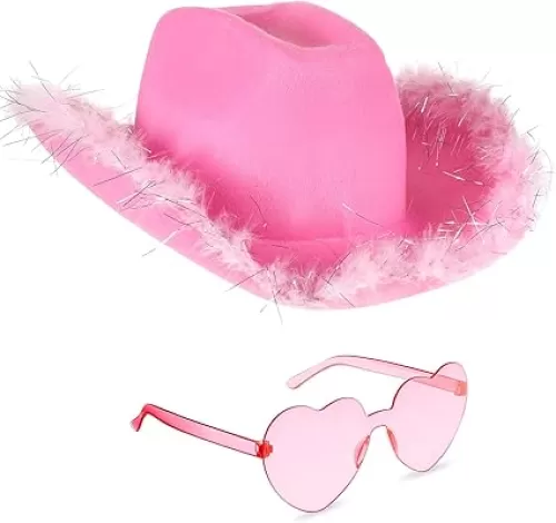 Novelty Cowgirl Hat with Heart Shaped Sunglasses - Felt Cowboy Hat and Glasses Set Rodeo Party Hats and Glasses for Women Men Kids, Cow Girl Costume Western Party Hat Accessories (Pink)