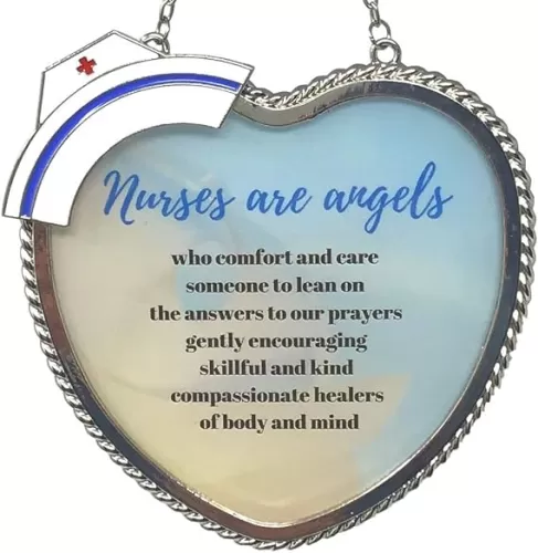 Nurses are Angels Sun Catcher - Message Printed on Heart Shaped Glass - Enameled Nurse