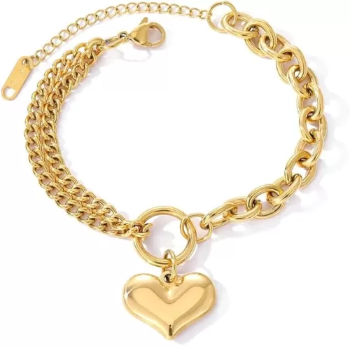 OIDIMS Chunky Heart Pendant Bracelet For Women Stainless Steel Trendy Simple Statement Charm Layered Tiny Love Heart Adjustable Thick Link Chain Punk Sexy Hiphop Jewelry