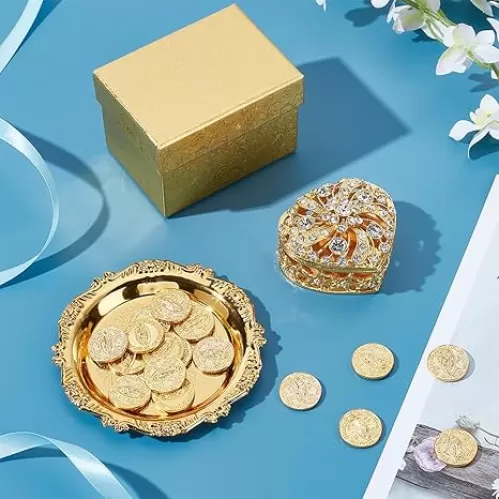 ORIGACH Gold Wedding Arras Coins Set, Arras de Boda, Heart Shaped Box with 13 Jesus Coins and Embossed Tray, Wedding Accessories for Ceremony