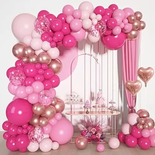 Ouddy Life Pink Balloons Arch Garland Kit, Different Sizes 18 12 10 5Inch Hot Pink Pastel Latex Metallic Confetti Heart Foil Balloon for Girls Women Wedding Engagement Birthday Party Decorations