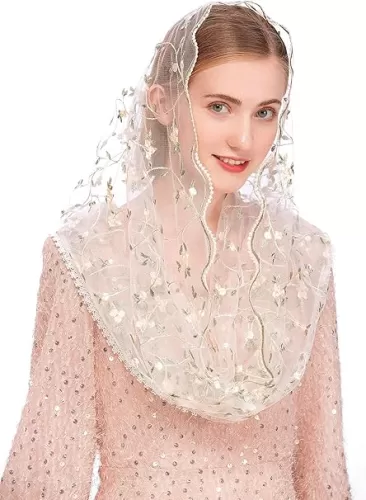 PAMOR Chapel Veils Mantilla Infinity Veil Latin Mass Little Flower Soft Embroidered Lace Head Covering Scarf