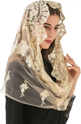 PAMOR Gold Embroidered Traditional Vintage Inspired Infinity Veil Mantilla Veils Mass Head Covering