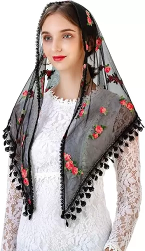 PAMOR Triangle Little Flower Chapel Veils Embroidered Scarf Shawl Latin Mass Head Covering Mantilla Veil for Church