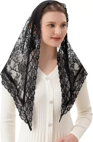 PAMOR Veils for Church Catholic Triangluar Scarf Embroidered Chapel Veil Head Covering Latin Mass Mantilla