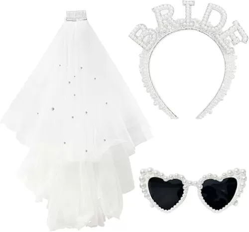 Pearl Bride Headband with Veil Heart Shaped Pearl Sunglasses for Bachelorette Party Decorations Bride Accessories Bridal Shower Gift