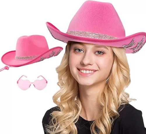 Peicees Cowboy Hat With Heart Shaped Sunglasses for Women Girls Shiny Rhinestone Cowgirl Felt Hat For Western Party Costumes