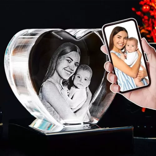 Personalized Gift for Mom, Unique Home Decor, Custom Laser Etched Glass | Birthday, Anniversary, Wedding, Mother’s Day, Father’s Day, Christmas, Holiday | 3D Photo Crystal Heart (Small)