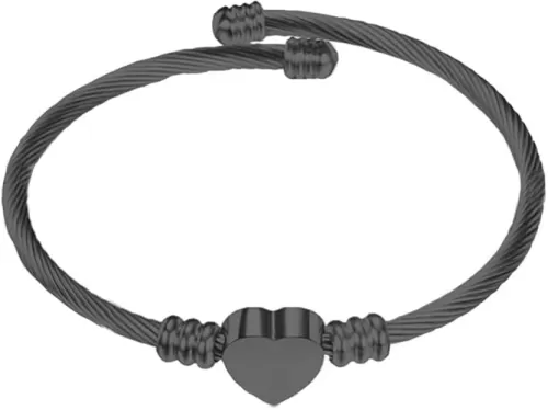 Personalized Stainless Steel Cable Wire Heart Charm Bangle Bracelet Punk Adjustable Wrist Bracelet Jewelry-Black