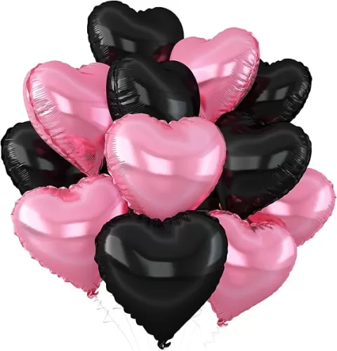 Pink Black Heart Balloons, 12Pcs Light Pink Heart Shaped Foil Balloons, 18Inch Black Pearl Pink Helium Balloon for Baby Shower Birthday Anniversary Wedding Party Decorations