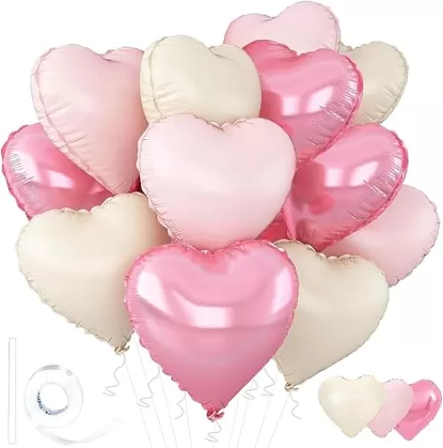 Pink Heart Balloons, 18inch Bright Pink Heart Shaped Foil Balloons & Pastel White Helium Mylar Balloon for Anniversary Wedding Engagement Birthday Party Baby Shower Decorations(12Pcs)