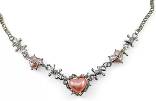 Pink Heart Barbed Wire Choker - punk gothic emo fairycore 90s Y2K style silvertone barb chain link necklace 15 to 17" around