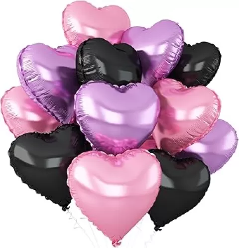 Pink Purple Heart Balloons, 12Pcs Black Pink Heart Shaped Foil Balloons, 18Inch Purple Pink Helium Polyester Film Balloon for Baby Shower Birthday Anniversary Wedding Party Decorations