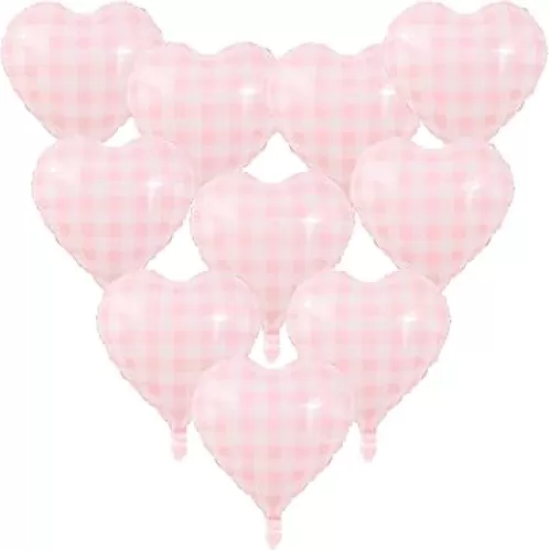 Pink White Checkered Heart Balloons 18 Inch light Pink Checkerboard Heart Helium Foil Balloons for Girls Women Birthday Wedding Baby Shower Bridal Valentines Day Party Decorations Supplies 10Pcs