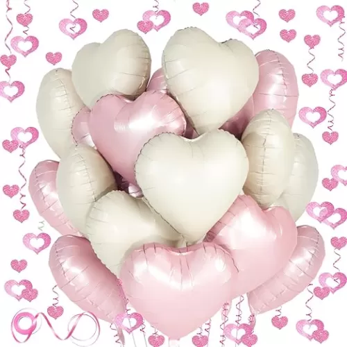 Pink White Heart Balloons, 24Pcs 18Inch Baby Pink Cream White Foil Shaped Love Balloons and 50Pcs Hanging Streamer for Valentine's Day Decorations, Birthday, Wedding Party