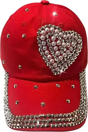 Popfizzy Pearl Heart Rhinestone Hat for Women, Bling Hats, Heart Accessories, Bedazzled Baseball Cap, Bling Gifts for Women