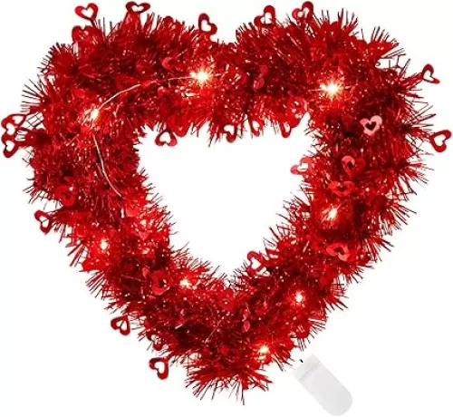 Pre-lit Heart Wreath Valentine's Day Heart Wreath Red Valentine Heart Wreaths Tinsel Heart Shaped Wreaths Valentine's Day Decorations for Wedding Birthday Party Front Door Wall Window Home Decor