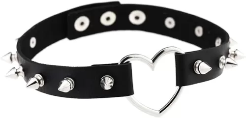PU Leather Goth Punk O-Ring Spike Rivets and Love Heart Choker Collar Necklace