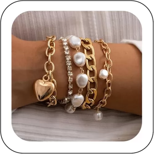 Punk Hip hop Set 5pcs Bracelet Heart Charm Pendant Bracelet Baroque Pearl Bracelet for Women
