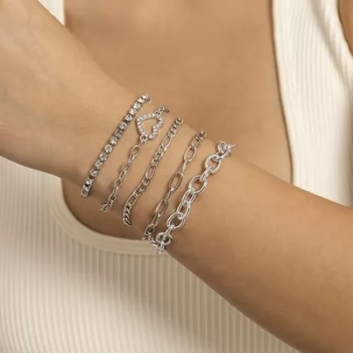 Punk Stackable Hand Set 5pcs Chain Rhinestone Hollow Heart Bracelets Hip hop Metal Chain Jewelry for Women and Girls (Silver)