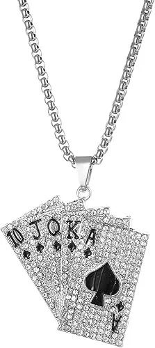 Punk Stainless Steel Playing Card Poker Tag Pendant Necklace for Women Men Ace of Spade Heart Royal Flush Games Chain Necklace Hip Hop Unisex Jewelry Gift