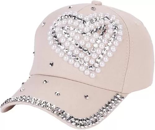 Queenbox Womens Baseball Cap Snapback Hat Rhinestone Pearl Heart-Shaped Hat Beige