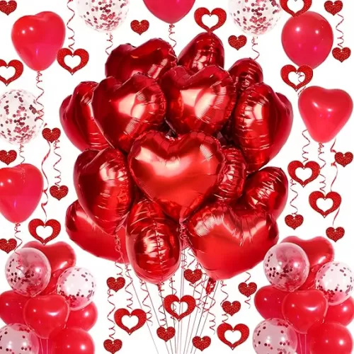 Red Heart Balloons Set - 30Pcs and 50Pcs Heart-Shaped Foil Balloons with Streamer for Valentine