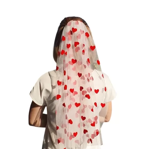 Red Hearts Short Veil, Queen of Hearts Bridal Wedding Veil, Valentine's Day Tulle Headpiece, Bridal Shower, Bachelorette Parties and 40th Birthdays, Fascinator (Elbow 25'', White + Red Hearts)
