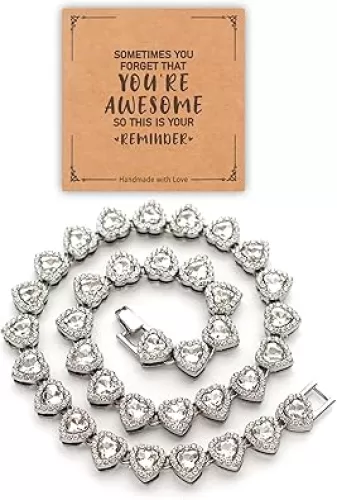 Rhinestone hearts necklace, Iced Out Hearts Jewelry，Silver tennis necklace for women，Hearts tennis necklaces