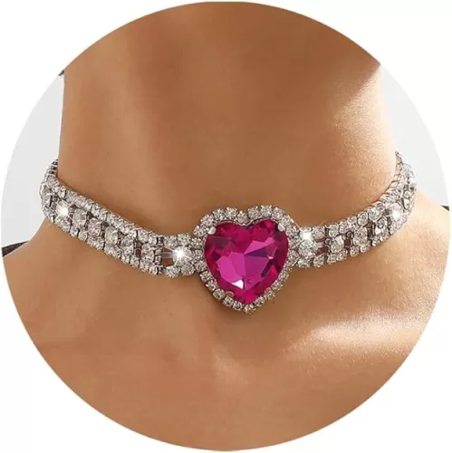 Rhinestone Pink Heart Necklace for Women Hot Pink Choker Necklace Chunky Heart Necklace Crystal Heart Choker Necklace Prom Necklaces Heart Tennis Necklace for Women Birthday Party Wedding Jewelry Accessories