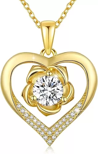 Rose Flower Heart Necklace for Women 925 Sterling Silver 18K Gold Plated Heart Jewelry for Mother's Day Birthday Graduation