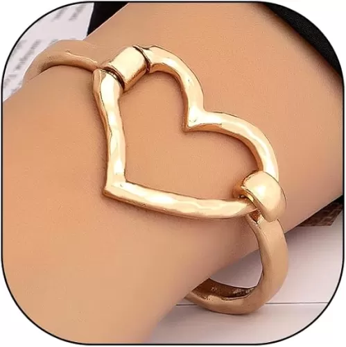 Rrdaily Chunky Hammered Heart Bangle Bracelet for Women Irregular Gold Plated Geometric Wide Thick Love Bracelet Minimalist Silver Statement Jewelry Gifts