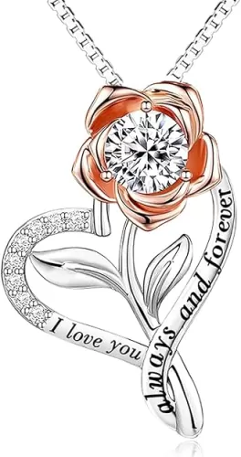 S925 Sterling Silver Rose Heart Necklaces for Women Anniversary Birthday Gifts for Wife Valentine Girlfriend Gifts, I Love You Always And Forever Flower Jewelry for Mom Daughter Sister Friend