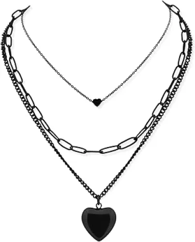 Sacina Goth Layered Black Heart Pendant Necklace, Grunge Necklace, Gothic Necklace, Punk Necklace, Emo Necklace
