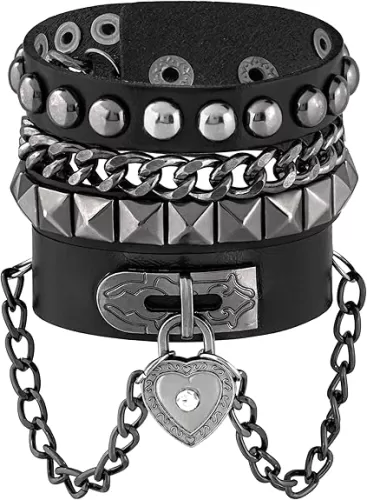 Sacina Gothic Black PU Leather Heart Spike Cuff Bracelet, Emo Punk Grunge Bracelet, Goth Jewelry, Halloween Christmas Jewelry Gift for Women